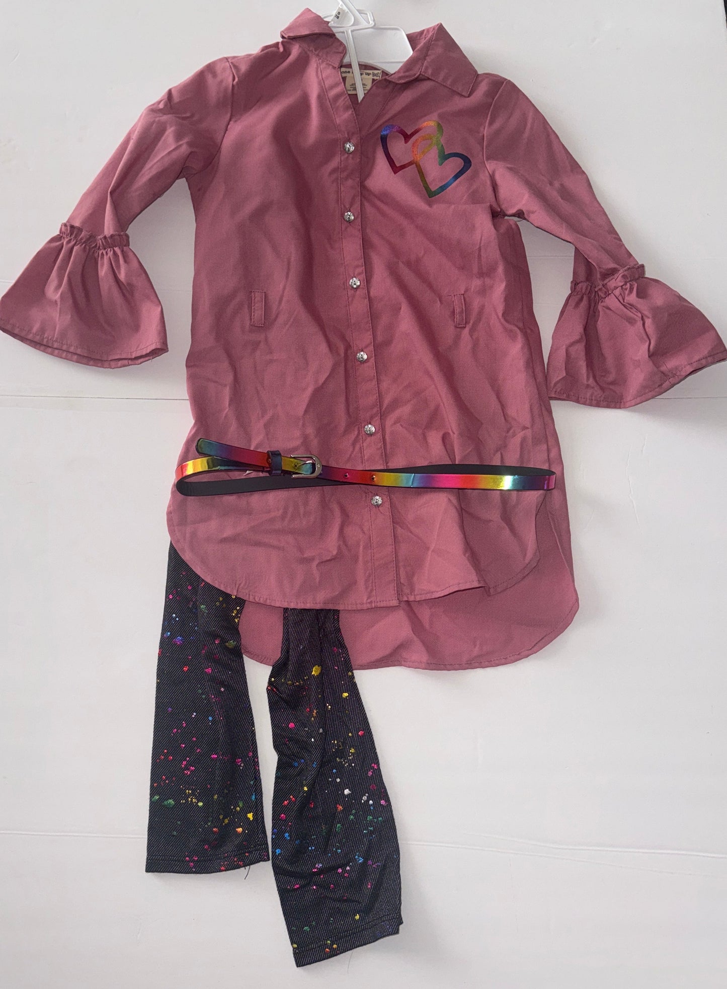 One Step Up Heart Collared Shirts with Paint Splatter Leggings and Belt 7/8