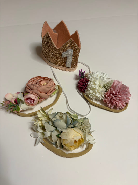 Set of Birthday Crown & Floral Headbands