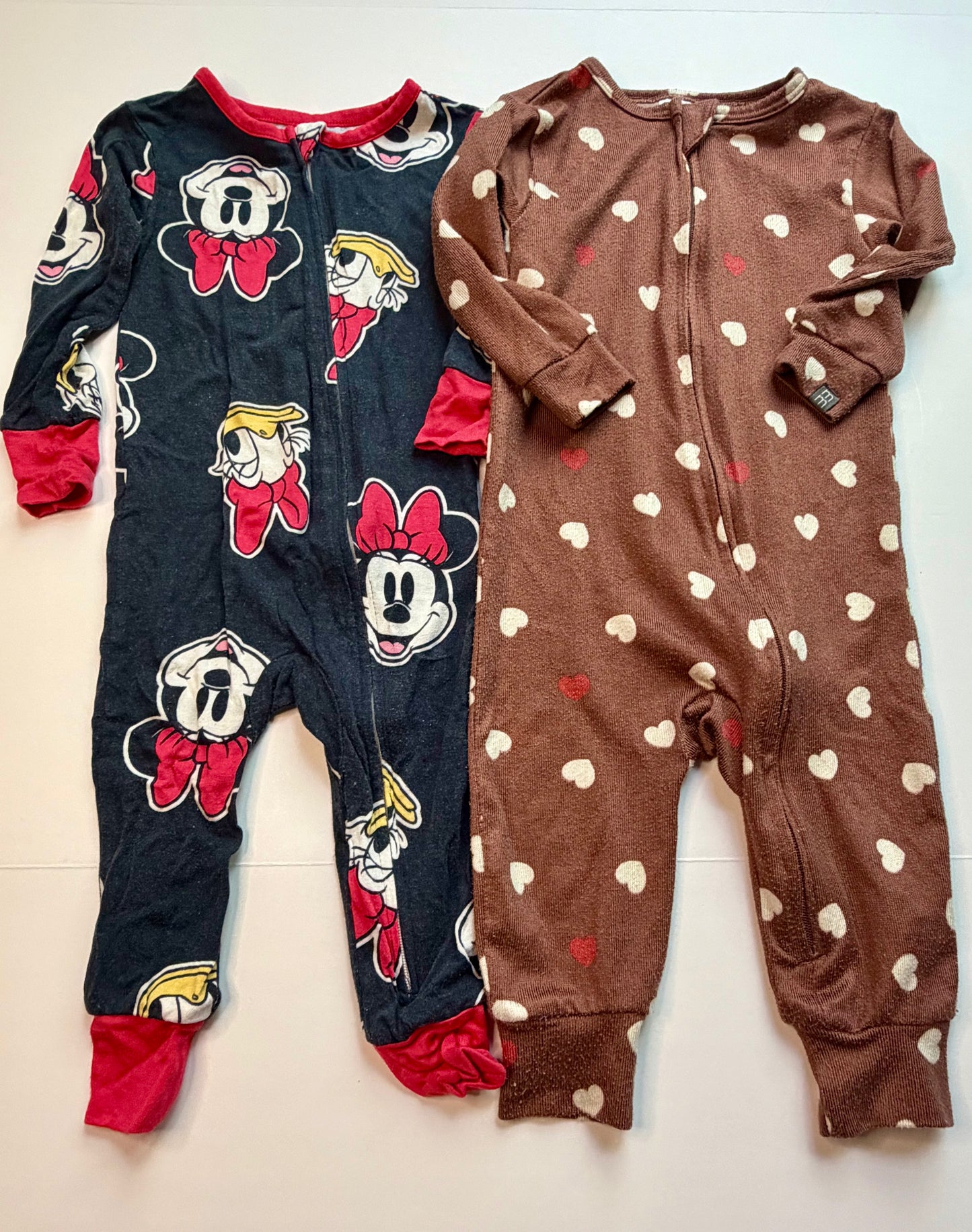 (2) Footless PJ Zippies - Disney Minnie & Modern Moments Brown Hearts 12m