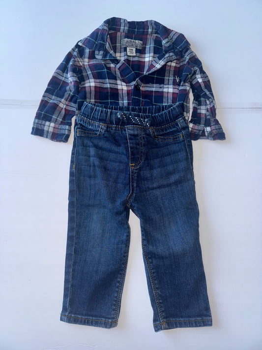 Ocean and Coast Plaid Onesie with Jumping Bean Jeans 12M