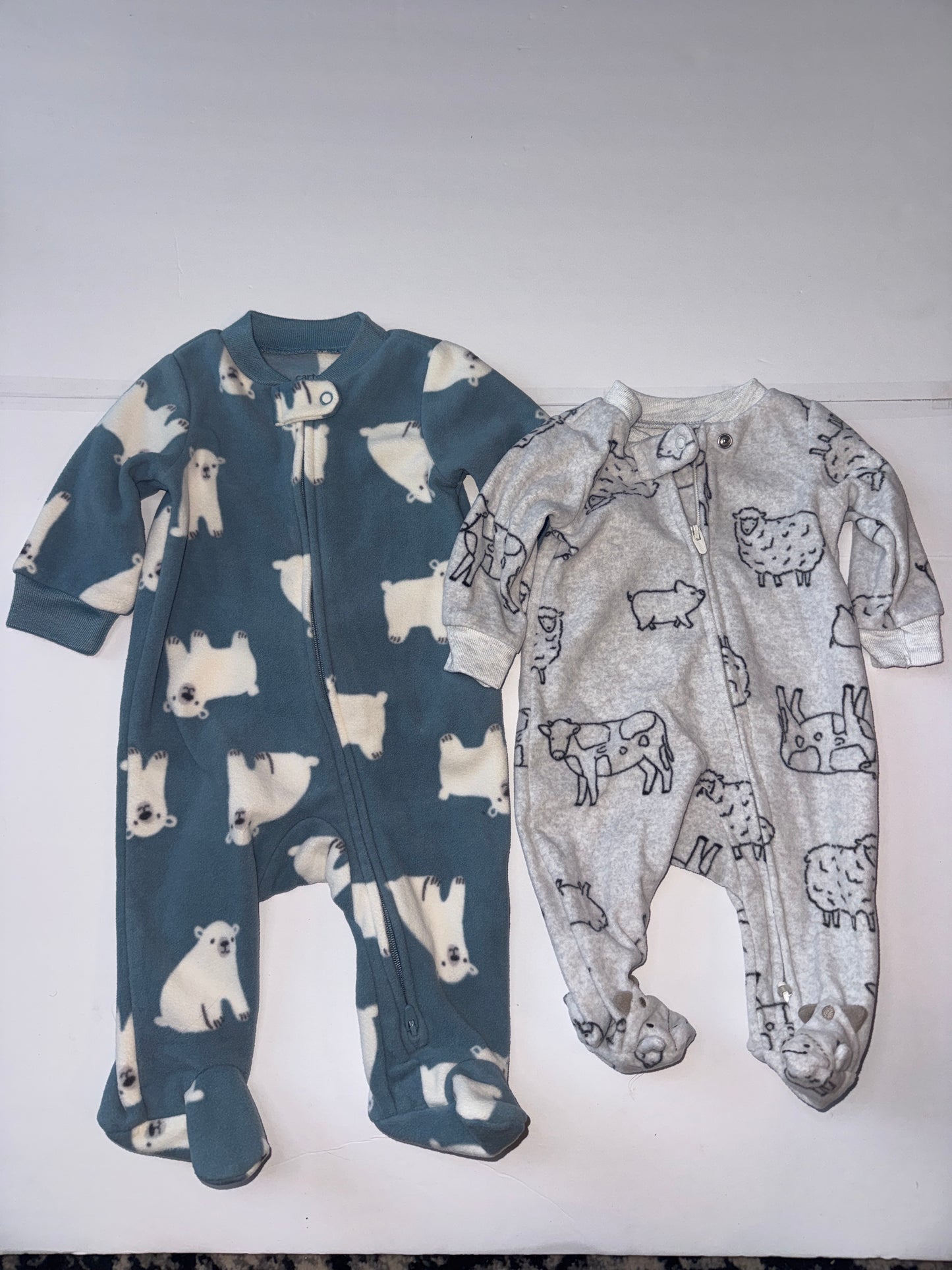 Carters Set of Fleece Sleepers Polar Bears and Farm Animals 0-3M