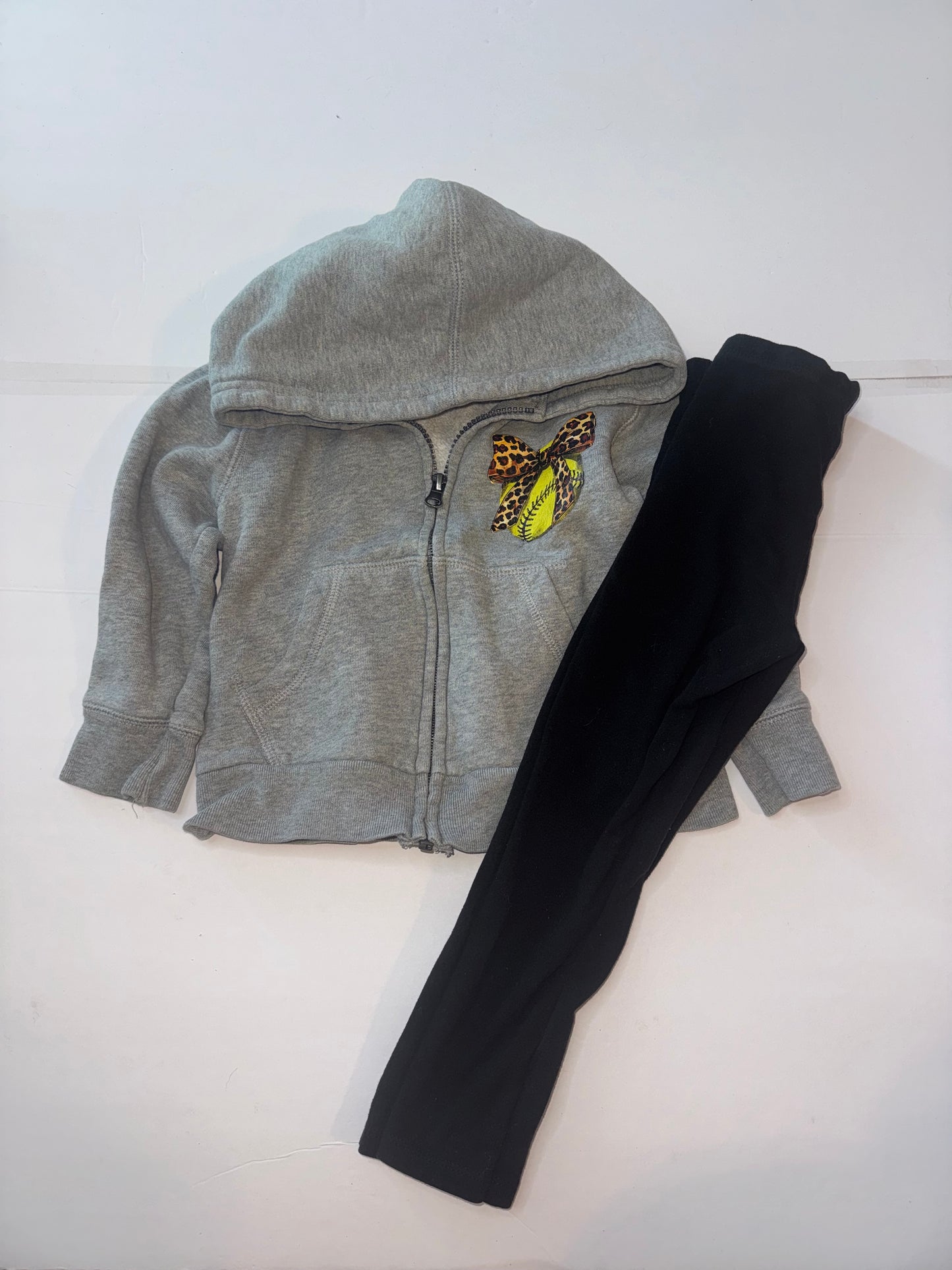 Softball Emblem Zipup Jacket and Black Leggings 3T
